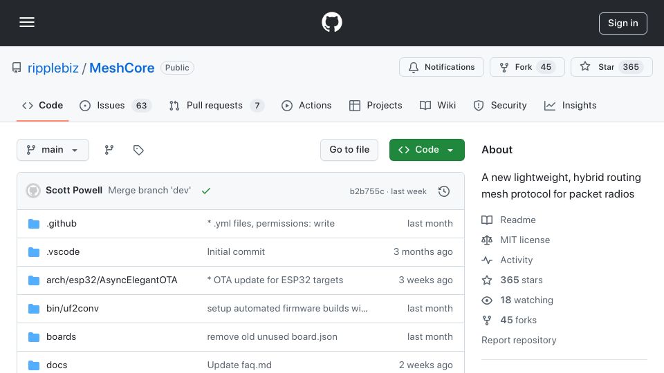 Screenshot of github.com: MeshCore, a new lightweight, hybrid routing mesh protocol for packet radios