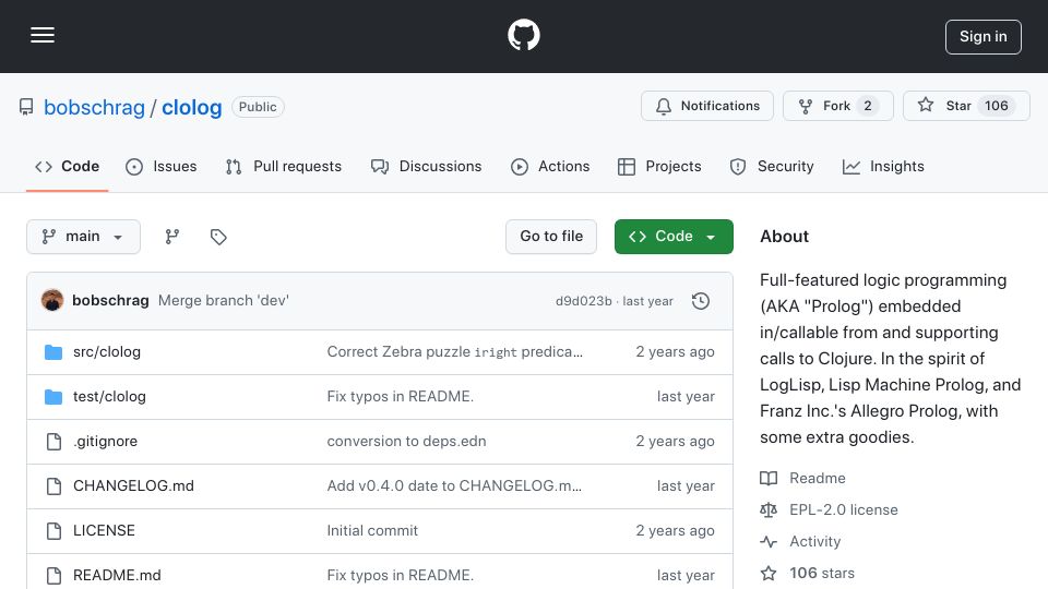 Screenshot of github.com: Clolog