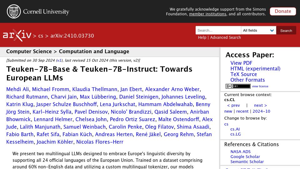 Screenshot of arxiv.org: Teuken-7B-Base and Teuken-7B-Instruct: Towards European LLMs