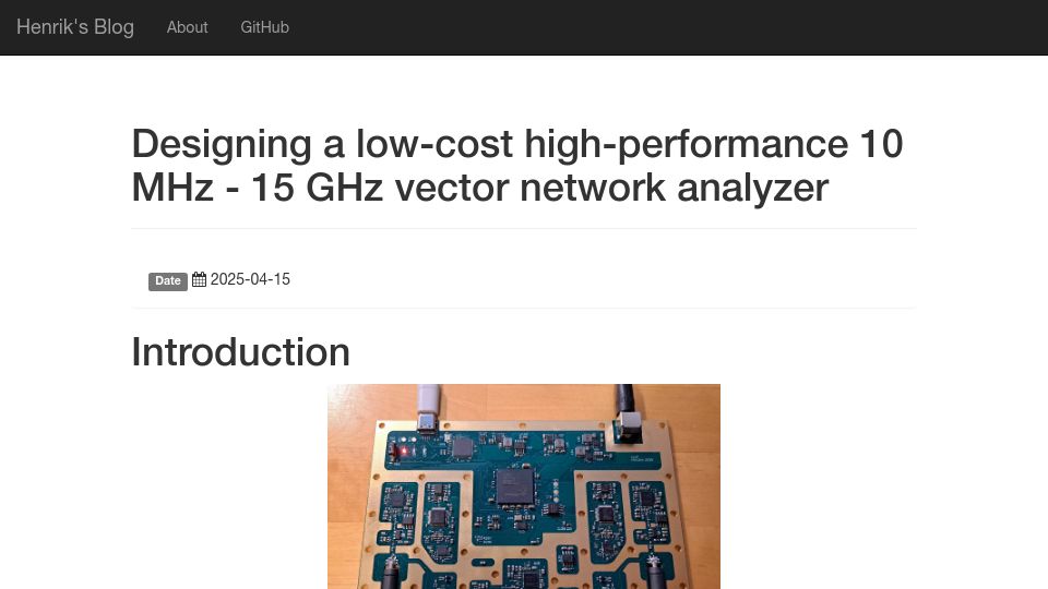 Screenshot of hforsten.com: Designing a low-cost high-performance 10 MHz – 15 GHz vector network analyzer