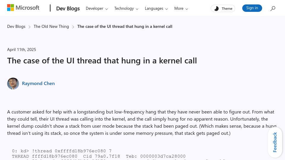 Screenshot of devblogs.microsoft.com: The case of the UI thread that hung in a kernel call