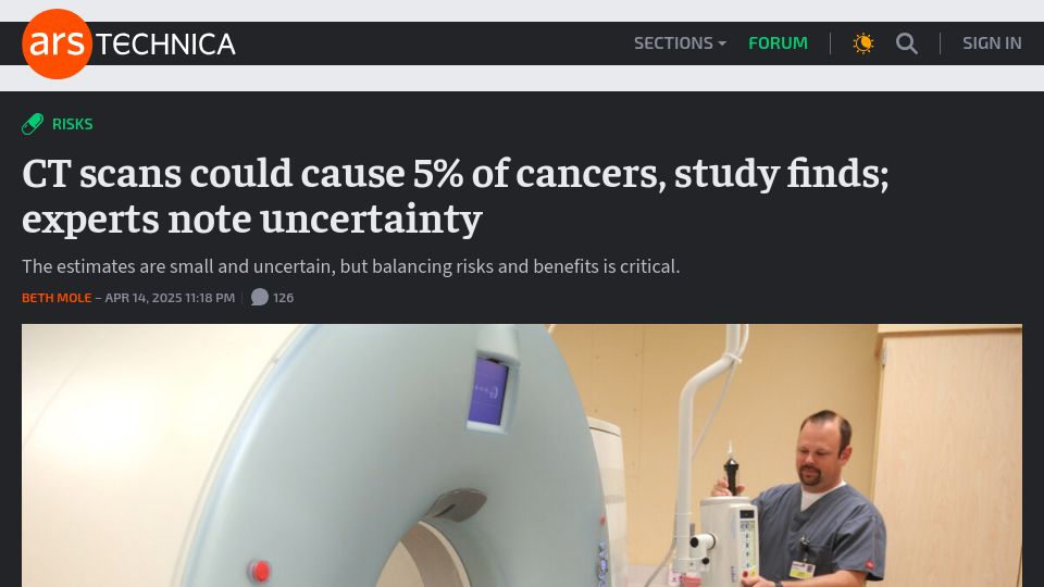 Screenshot of arstechnica.com: CT scans could cause 5% of cancers, study finds; experts note uncertainty