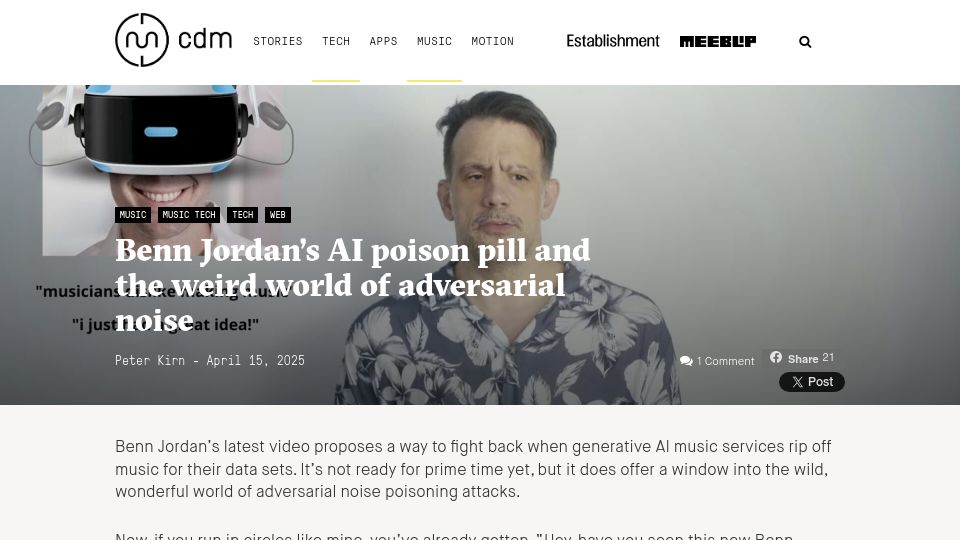 Screenshot of cdm.link: Benn Jordan's AI poison pill and the weird world of adversarial noise