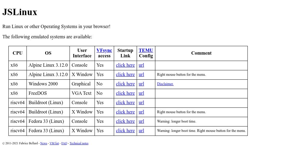 Screenshot of bellard.org: JSLinux