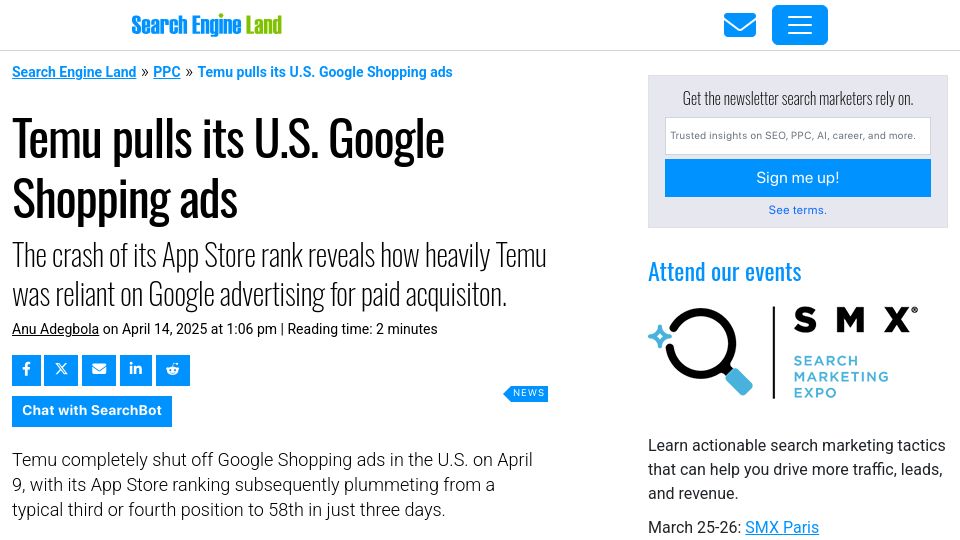 Screenshot of searchengineland.com: Temu pulls its U.S. Google Shopping ads