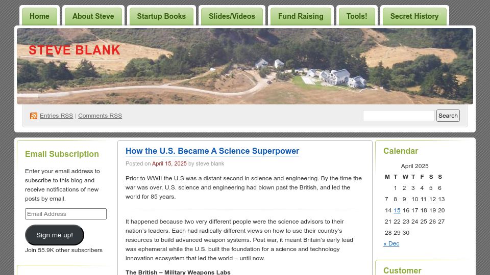 Screenshot of steveblank.com: How the U.S. became a science superpower