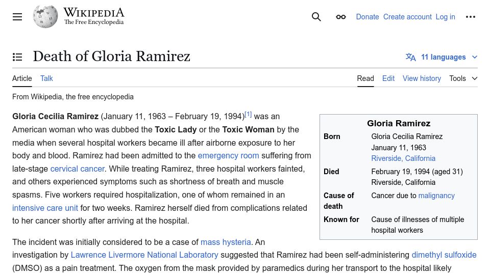 Screenshot of en.wikipedia.org: The unsolved death of Gloria Ramirez