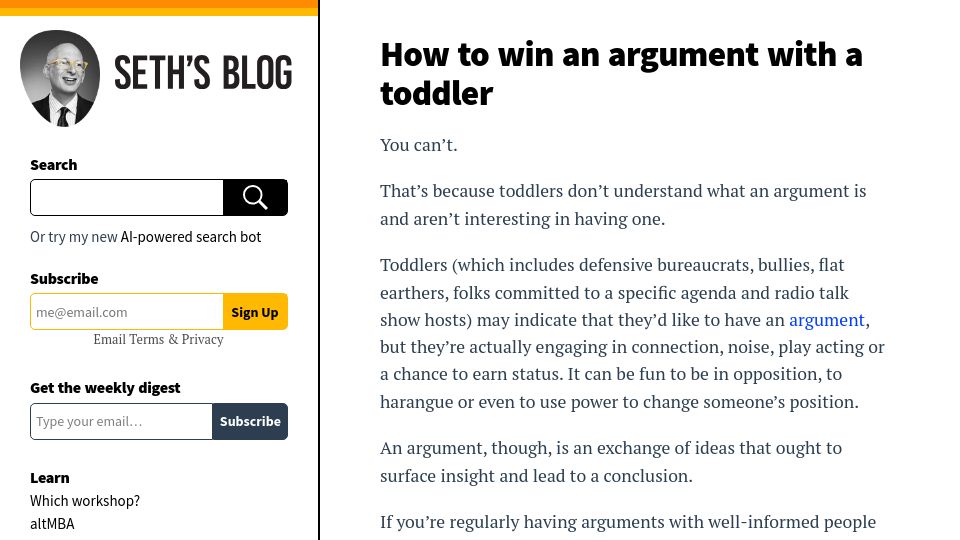Screenshot of seths.blog: How to win an argument with a toddler