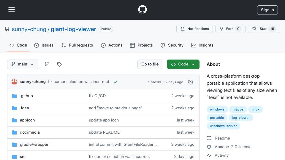 Screenshot of github.com: Show HN: Portable Giant File Viewer