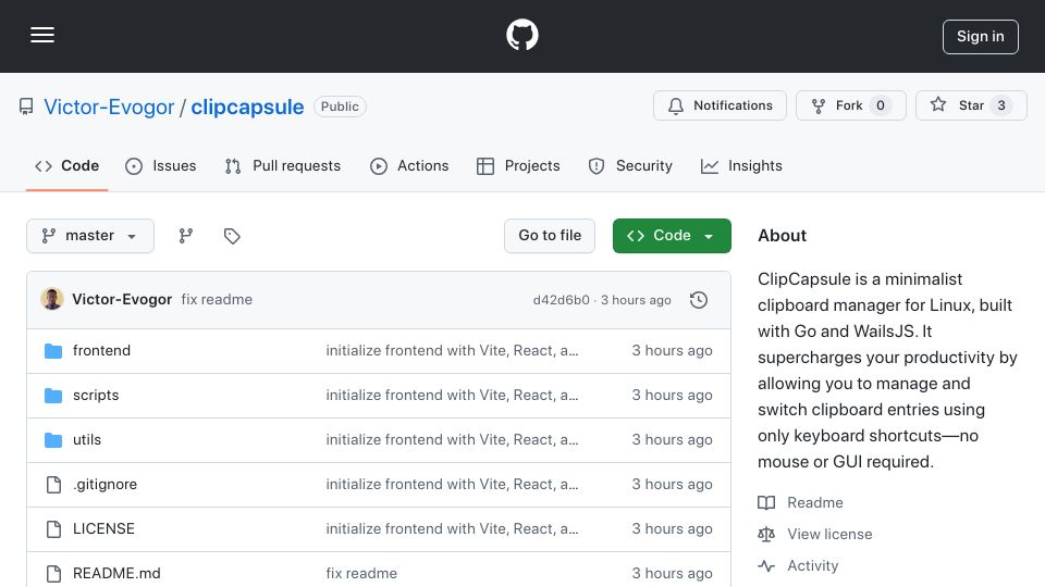 Screenshot of github.com: Show HN: ClipCapsule – A Clipboard Manager for Linux (Built with Go and Wails)