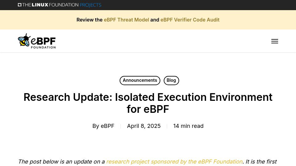 Screenshot of ebpf.foundation: Isolated Execution Environment for eBPF