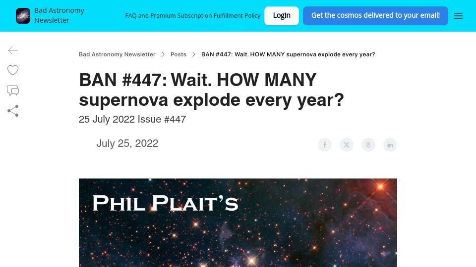 Screenshot of badastronomy.beehiiv.com: How many supernova explode every year?