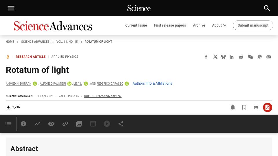 Screenshot of science.org: Rotatum of Light