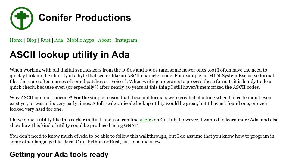 Screenshot of coniferproductions.com: ASCII Lookup Utility in Ada