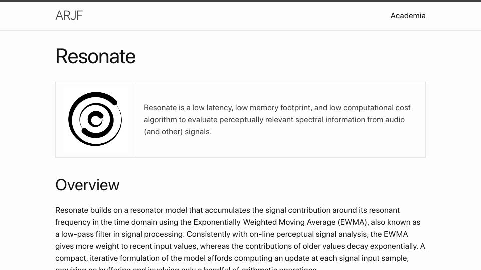 Screenshot of alexandrefrancois.org: Show HN: Resonate – real-time high temporal resolution spectral analysis