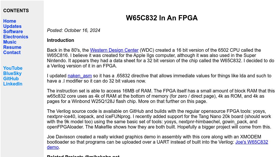 Screenshot of mikekohn.net: W65C832 in an FPGA