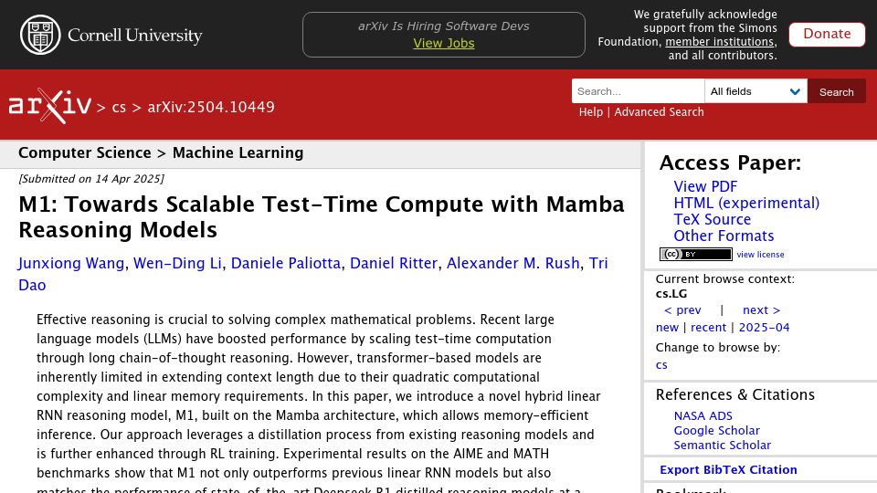 Screenshot of arxiv.org: M1: Towards Scalable Test-Time Compute with Mamba Reasoning Models