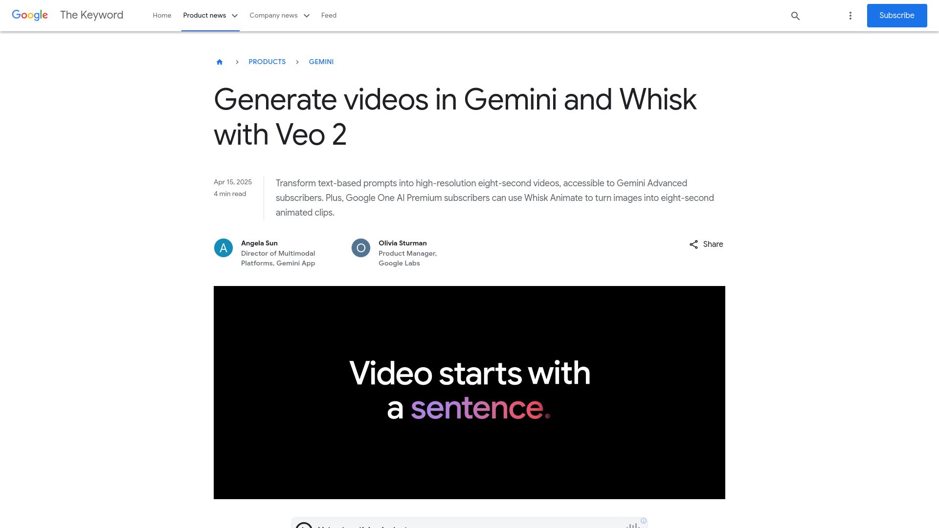 Screenshot of blog.google: Generate videos in Gemini and Whisk with Veo 2