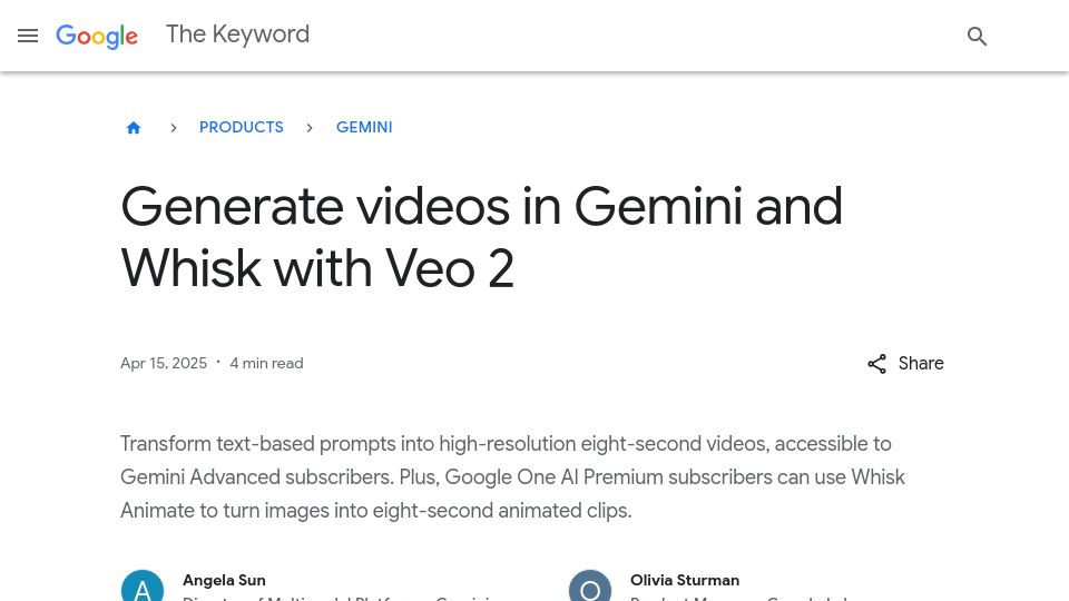 Screenshot of blog.google: Generate videos in Gemini and Whisk with Veo 2