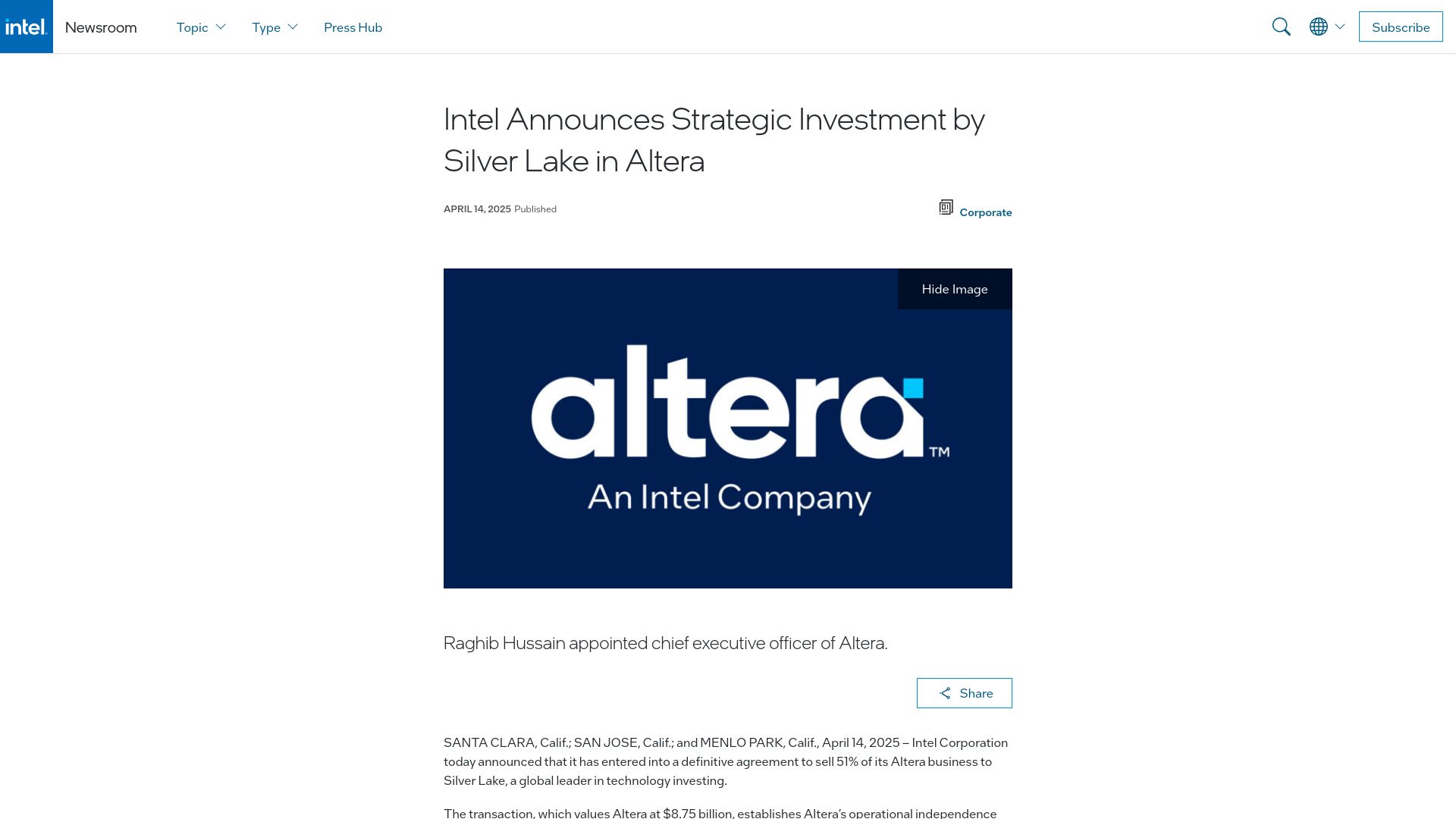 Screenshot of newsroom.intel.com: Intel sells 51% stake in Altera to private equity firm on a $8.75B valuation
