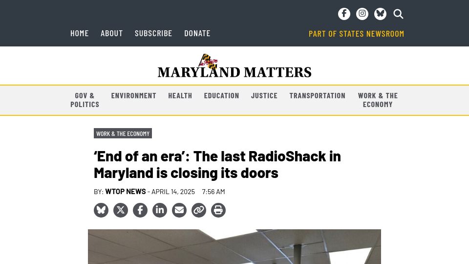 Screenshot of marylandmatters.org: The last RadioShack in Maryland is closing