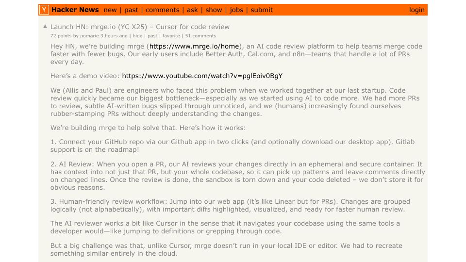 Screenshot of Hacker News post: Launch HN: mrge.io (YC X25) – Cursor for code review