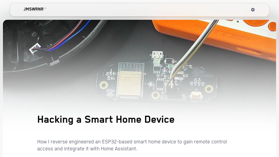 Screenshot of jmswrnr.com: Hacking a Smart Home Device (2024)