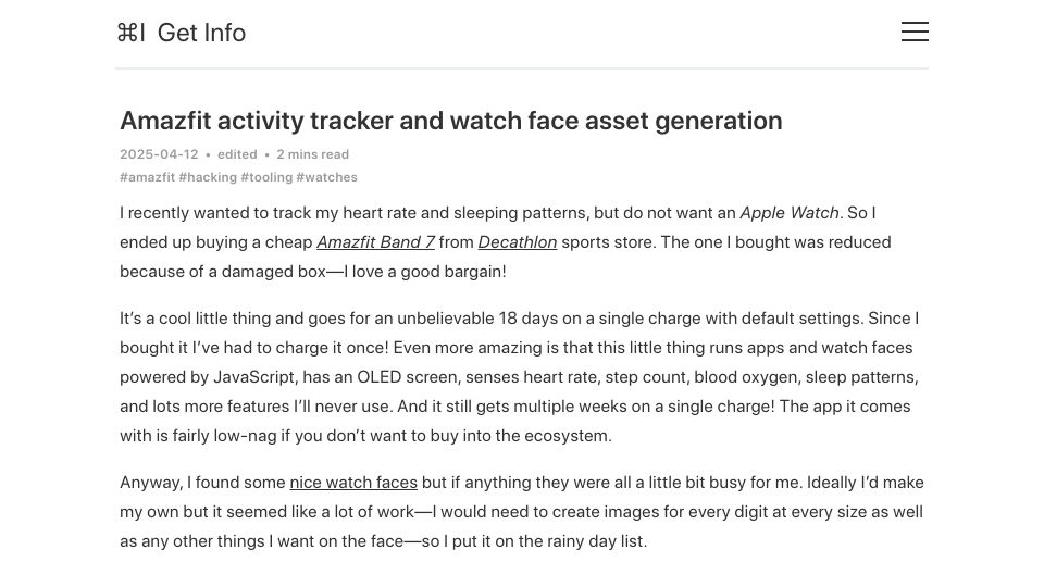 Screenshot of blog.gingerbeardman.com: Amazfit activity tracker and watch face asset generation