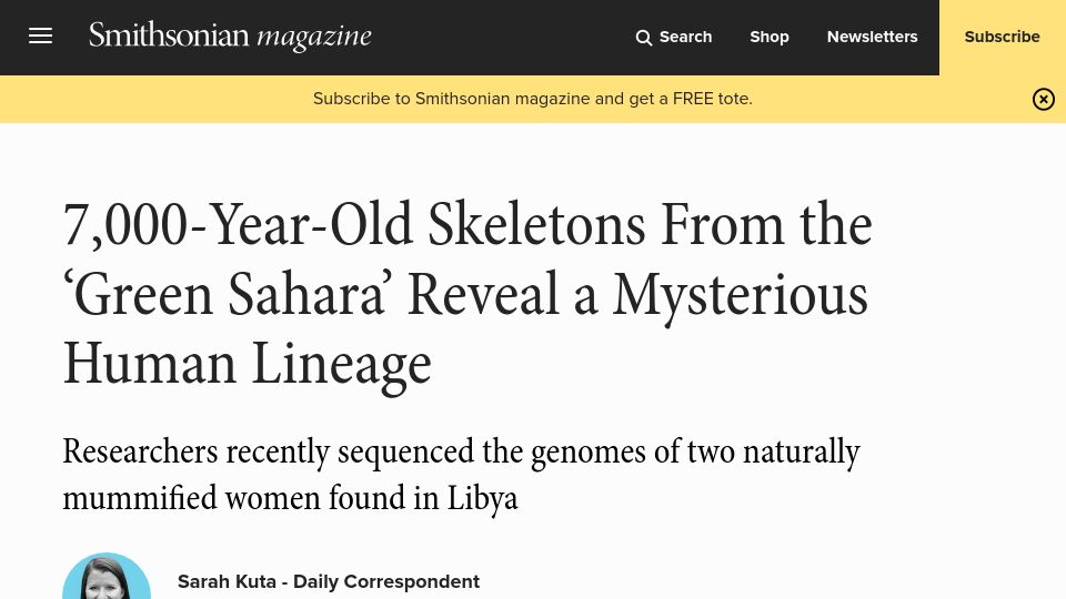 Screenshot of smithsonianmag.com: 7k-year-old skeletons from the green Sahara reveal a mysterious human lineage
