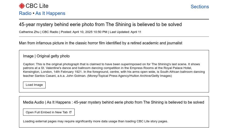 Screenshot of cbc.ca: 45-year mystery behind eerie photo from The Shining is believed to be solved