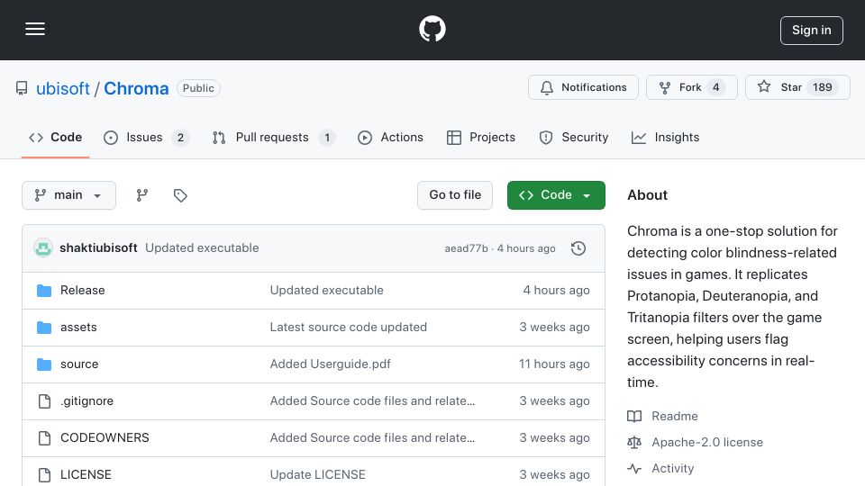Screenshot of github.com: Chroma: Ubisoft's internal tool used to simulate color-blindness