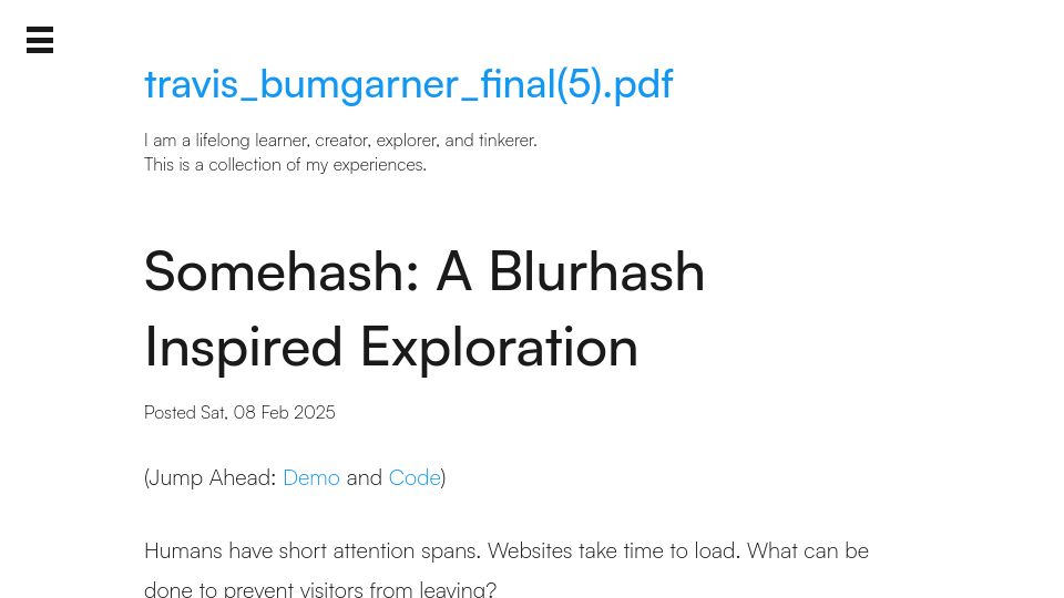 Screenshot of travisbumgarner.dev: Show HN: Somehash – A Blurhash-inspired exploration
