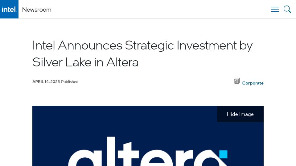 Screenshot of newsroom.intel.com: Intel sells 51% stake in Altera to private equity firm on a $8.75B valuation
