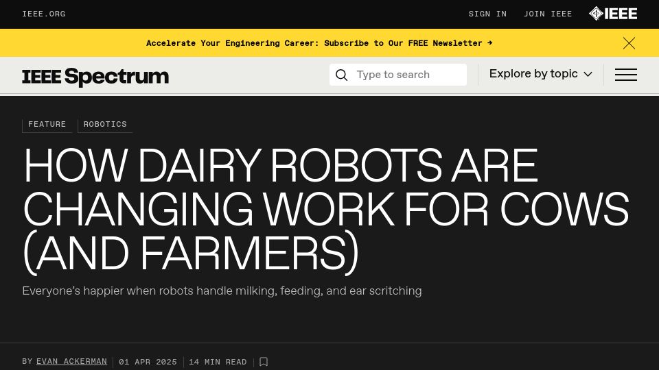 Screenshot of spectrum.ieee.org: How dairy robots are changing work for cows and farmers