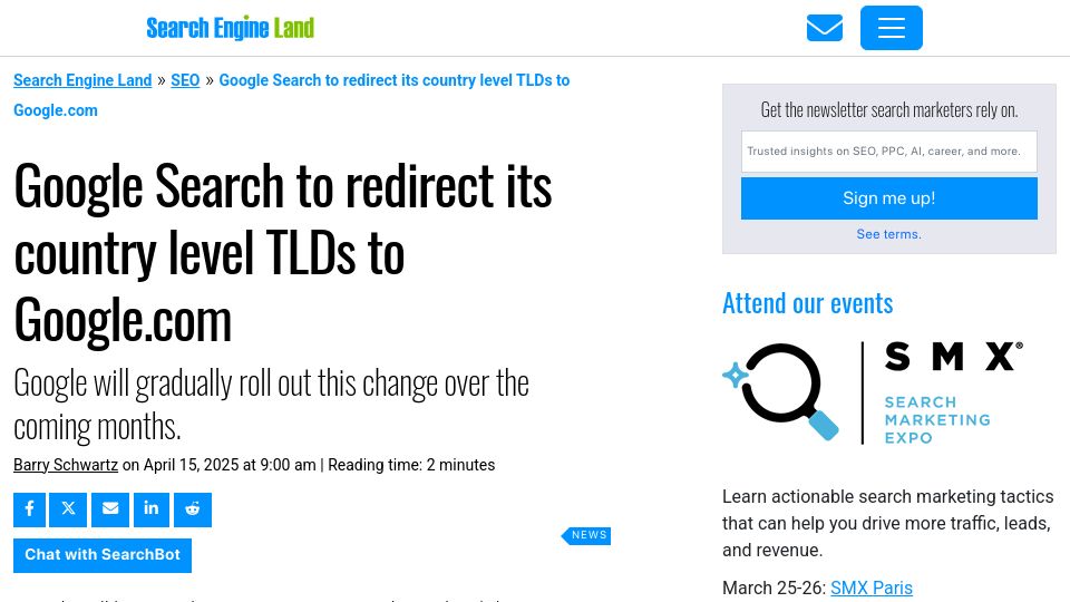 Screenshot of searchengineland.com: Google Search to redirect its country level TLDs to Google.com