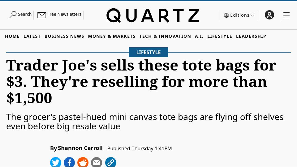 Screenshot of qz.com: $3 Trader Joe's tote bags resell for more than $1,500