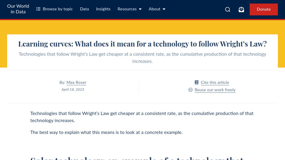 Screenshot of ourworldindata.org: What does it mean for a technology to follow Wright's Law?