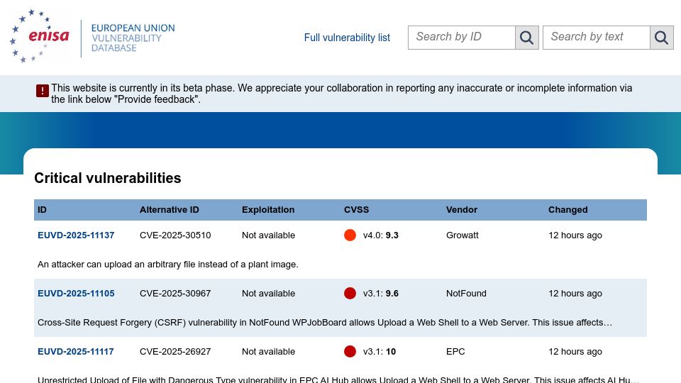 Screenshot of euvd.enisa.europa.eu: European Union Vulnerability Database (EUVD)