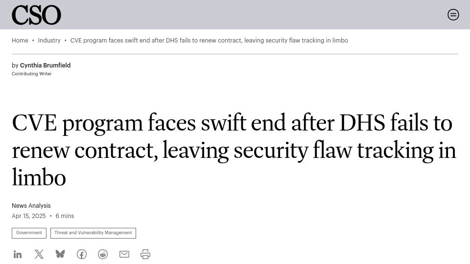 Screenshot of csoonline.com: CVE program faces swift end after DHS fails to renew contract