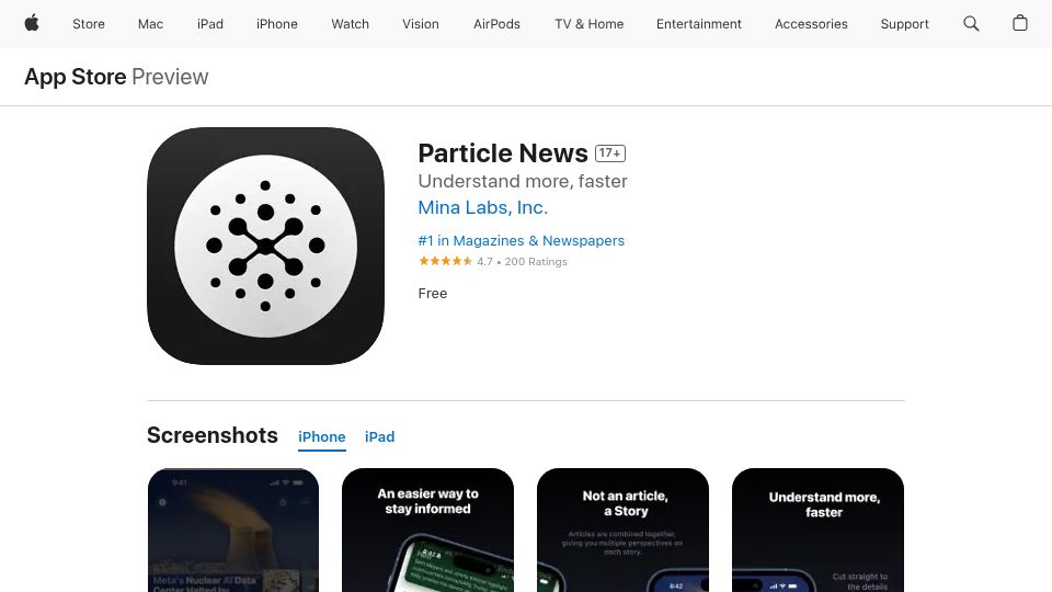 Screenshot of apps.apple.com: Show HN: Particle - News, Organized