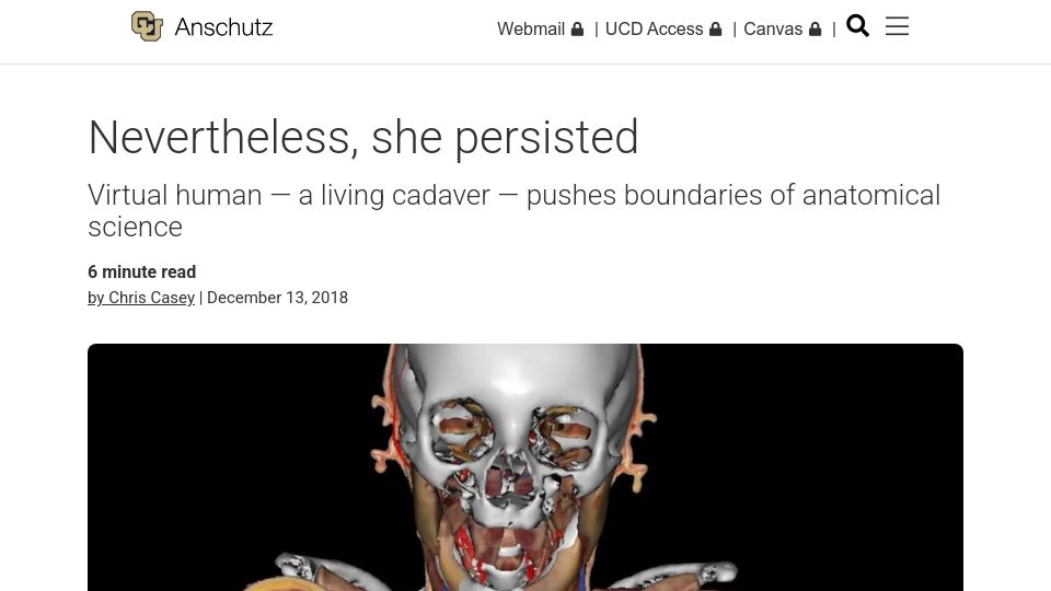 Screenshot of news.cuanschutz.edu: Virtual human – a living cadaver – pushes boundaries of anatomical science(2018)