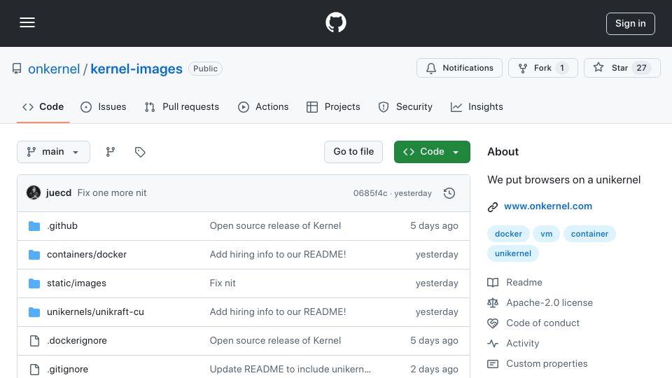 Screenshot of github.com: Show HN: We Put Chromium on a Unikernel (OSS Apache 2.0)