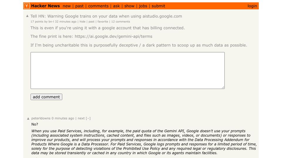 Screenshot of Hacker News post: Tell HN: Warning Google trains on your data when using aistudio.google.com