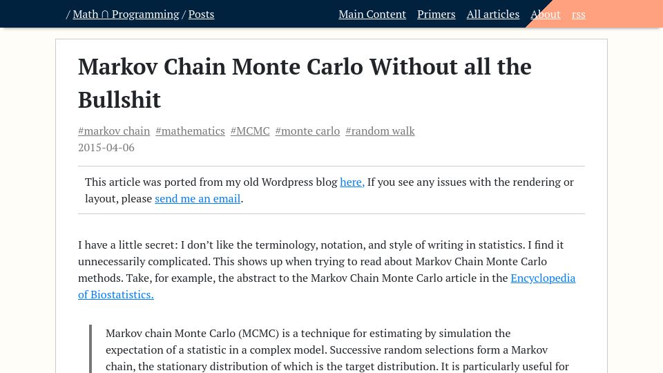 Screenshot of jeremykun.com: Markov Chain Monte Carlo Without All the Bullshit (2015)