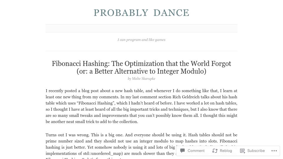 Screenshot of probablydance.com: Fibonacci Hashing: The Optimization That the World Forgot