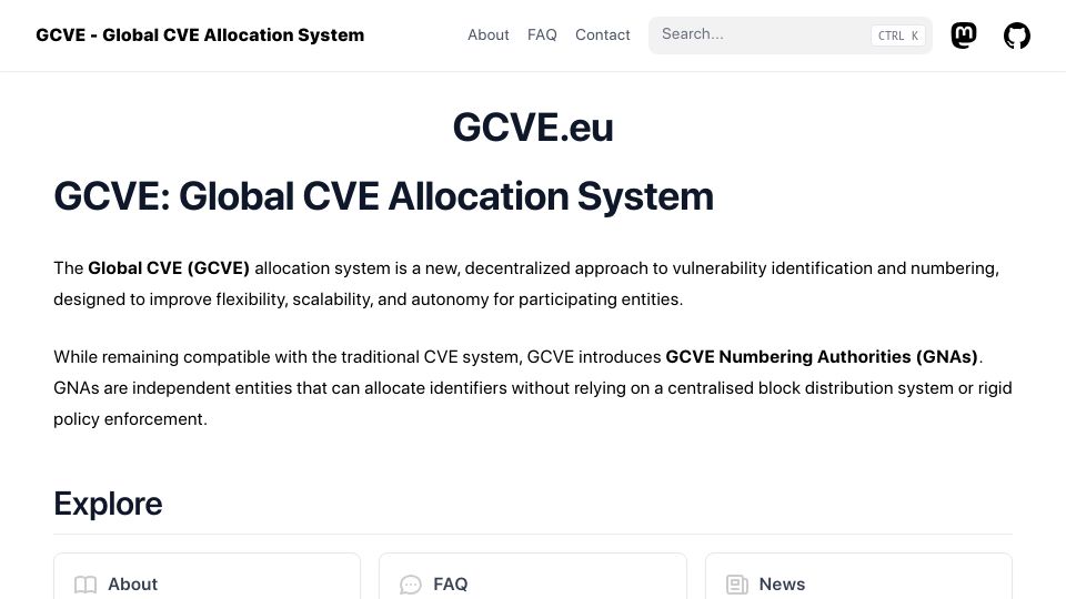 Screenshot of gcve.eu: Global, distributed and backwards compatible CVE alternative launched by CERT