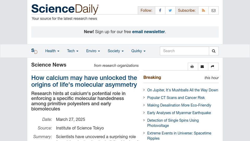 Screenshot of sciencedaily.com: Calcium may have unlocked the origins of life's molecular asymmetry