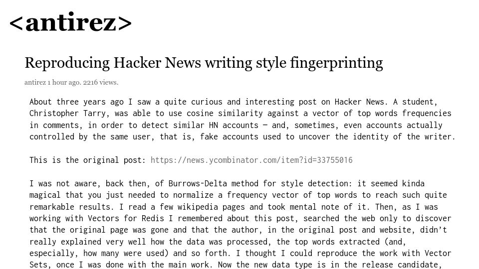 Screenshot of antirez.com: Reproducing Hacker News writing style fingerprinting