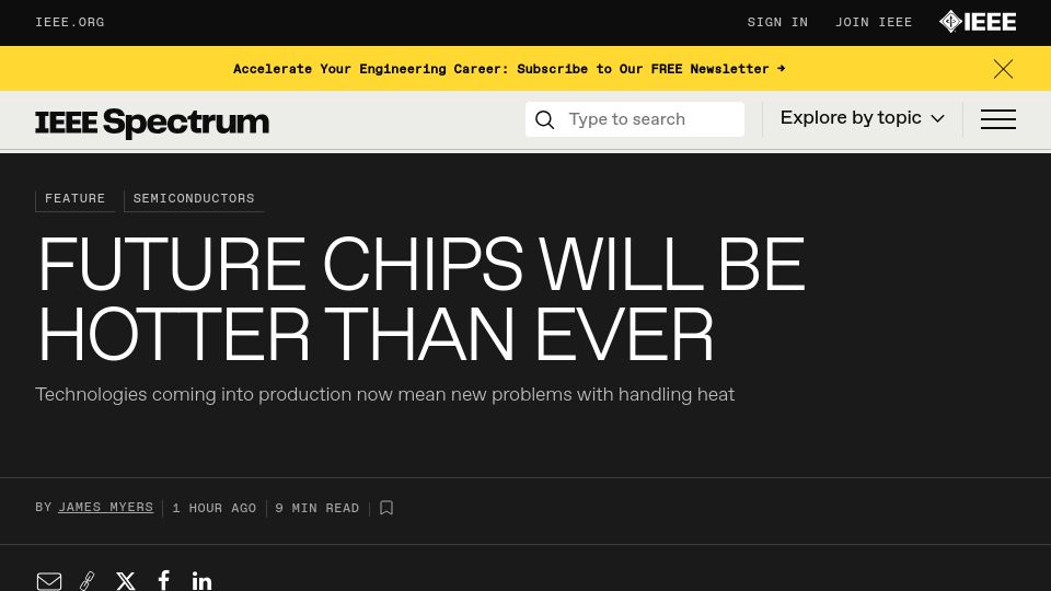 Screenshot of spectrum.ieee.org: Future Chips Will Be Hotter Than Ever