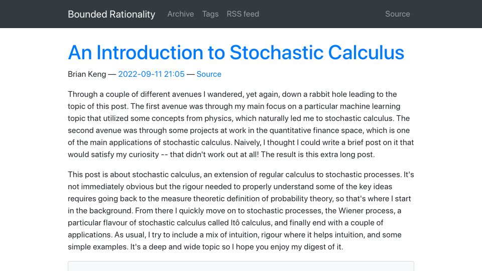 Screenshot of bjlkeng.io: An Introduction to Stochastic Calculus (2022)